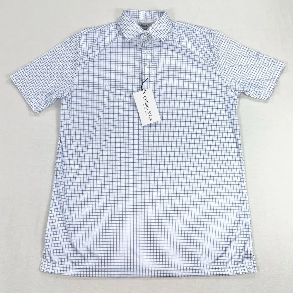 Collars & Co Semi Spread Collar Polo Shirt Men's Small Relaxed Thin Blue Check